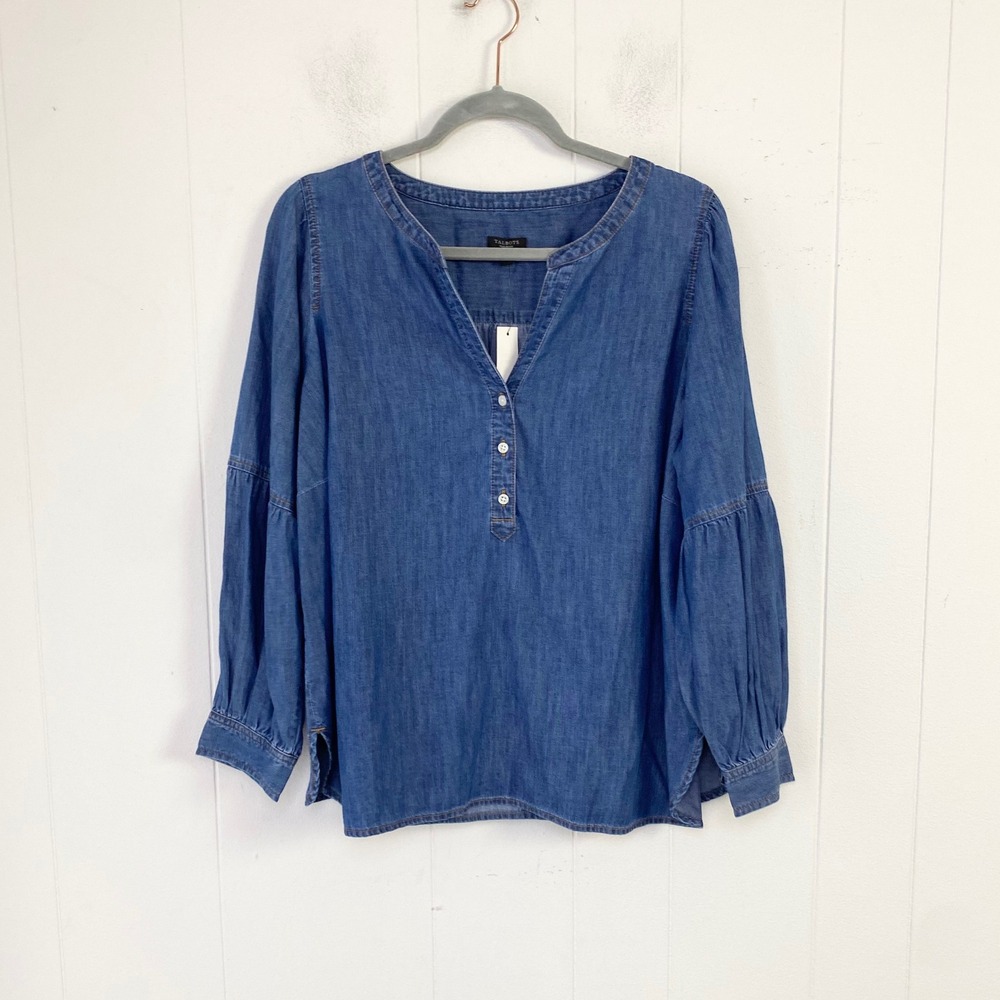 Talbots Plus Petite Blue Denim Henley Blouse Size 1XP Long Sleeve Cotton Top